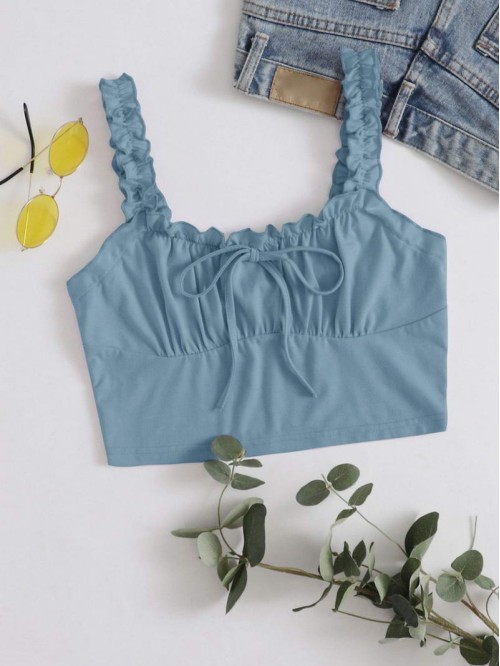 Frilled Strap Tie Front Ruched Bust Crop Top