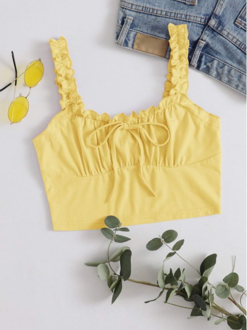 Frilled Strap Tie Front Ruched Bust Crop Top