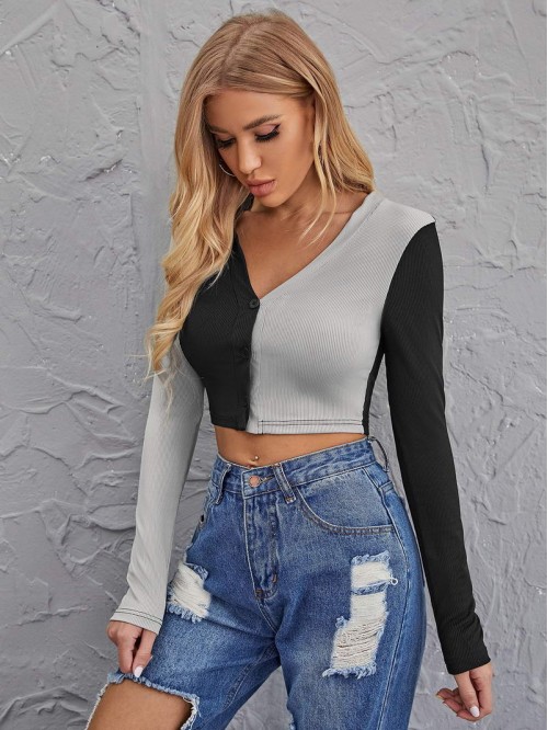 Button Front Two Tone Crop Top