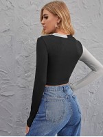 Button Front Two Tone Crop Top