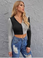 Button Front Two Tone Crop Top