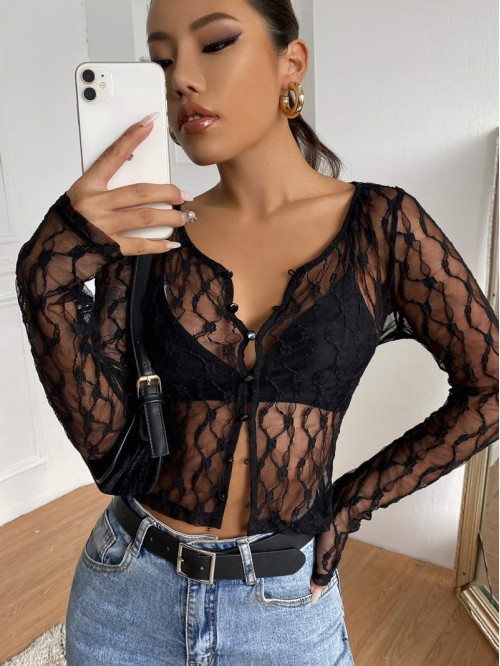 Button Up Sheer Lace Top Without Bra