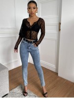 Button Up Sheer Lace Top Without Bra