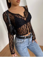 Button Up Sheer Lace Top Without Bra