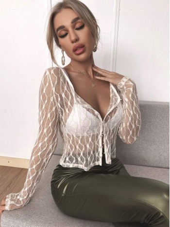 Button Up Sheer Lace Top Without Bra