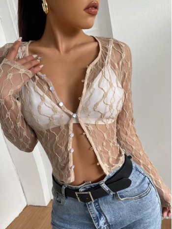 Button Up Sheer Lace Top Without Bra