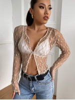 Button Up Sheer Lace Top Without Bra