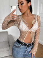 Button Up Sheer Lace Top Without Bra