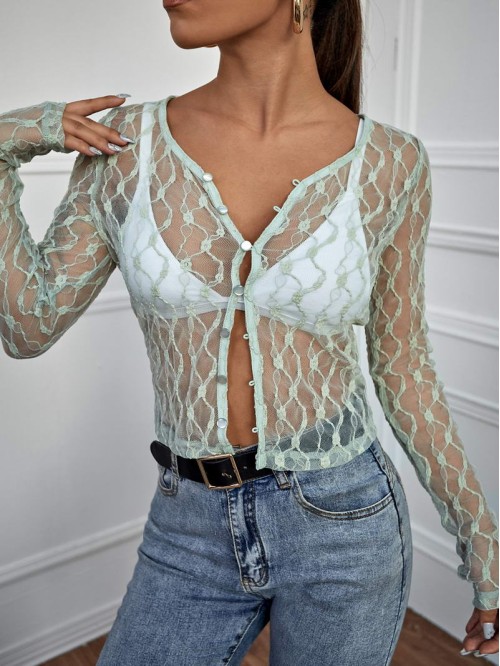 Button Front Sheer Lace Top Without Bra