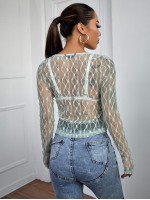 Button Front Sheer Lace Top Without Bra