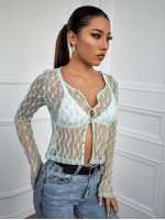 Button Front Sheer Lace Top Without Bra