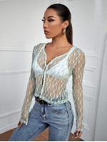 Button Front Sheer Lace Top Without Bra