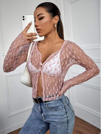 Button Front Sheer Lace Top Without Bra