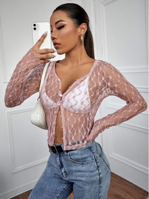 Button Front Sheer Lace Top Without Bra