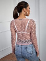 Button Front Sheer Lace Top Without Bra