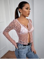 Button Front Sheer Lace Top Without Bra