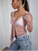 Button Front Sheer Lace Top Without Bra