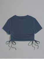 Solid Drawstring Side Crop Tee