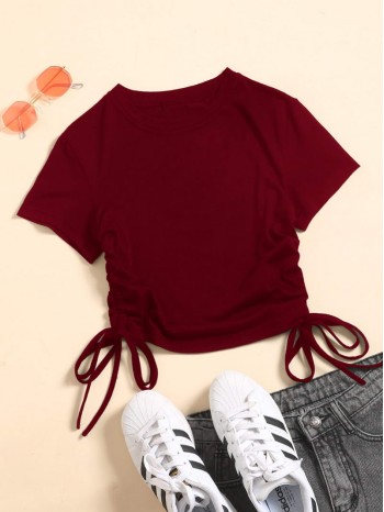 Drawstring Side Solid Crop Tee