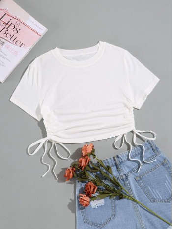 Drawstring Ruched Solid Crop Tee