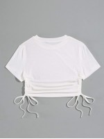 Drawstring Ruched Solid Crop Tee