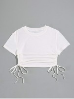 Drawstring Ruched Solid Crop Tee