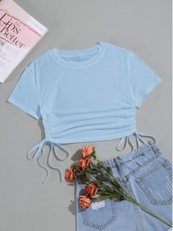 Solid Drawstring Side Crop Tee