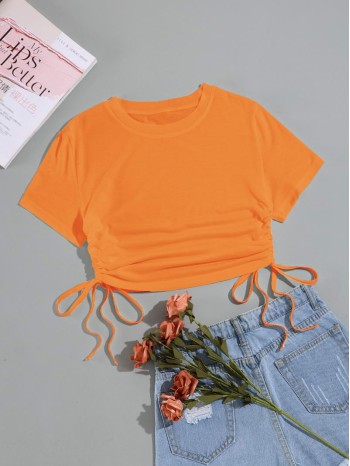 Solid Drawstring Side Crop Tee