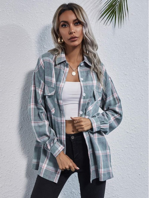 Drop Shoulder Flap Pocket Tartan Longline Blouse