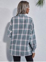 Drop Shoulder Flap Pocket Tartan Longline Blouse