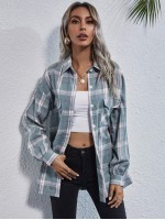 Drop Shoulder Flap Pocket Tartan Longline Blouse