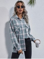 Drop Shoulder Flap Pocket Tartan Longline Blouse