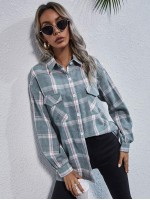 Drop Shoulder Flap Pocket Tartan Longline Blouse