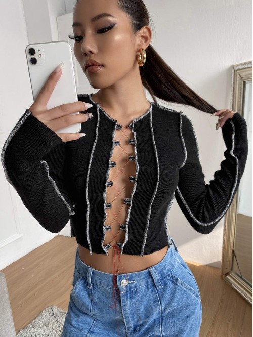 Lace Up Topstitching Ribbed Top