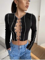 Lace Up Topstitching Ribbed Top