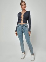 Lace Up Topstitching Ribbed Top