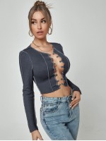 Lace Up Topstitching Ribbed Top