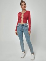 Lace Up Topstitching Ribbed Top