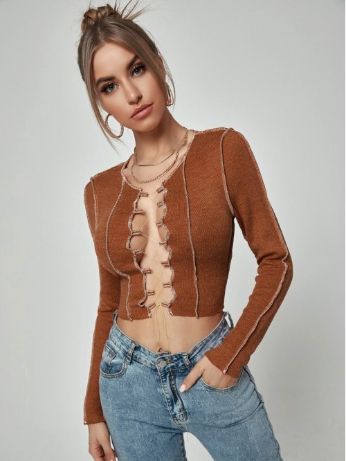 Lace Up Topstitching Ribbed Top