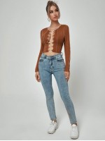 Lace Up Topstitching Ribbed Top