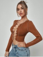 Lace Up Topstitching Ribbed Top