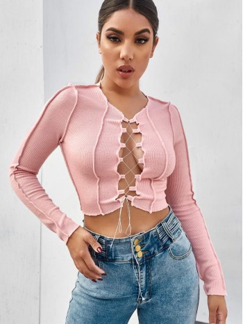 Lace Up Topstitching Ribbed Top