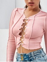 Lace Up Topstitching Ribbed Top