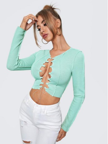 Lace Up Topstitching Ribbed Top