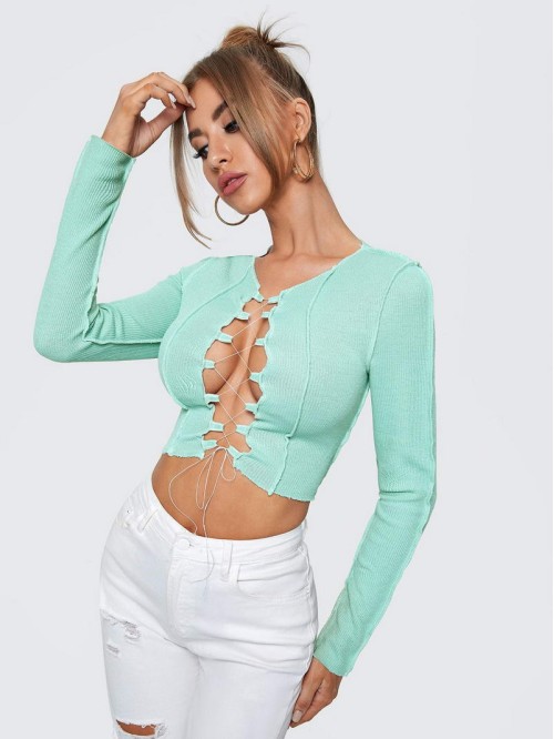 Lace Up Topstitching Ribbed Top