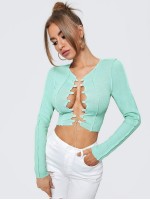 Lace Up Topstitching Ribbed Top