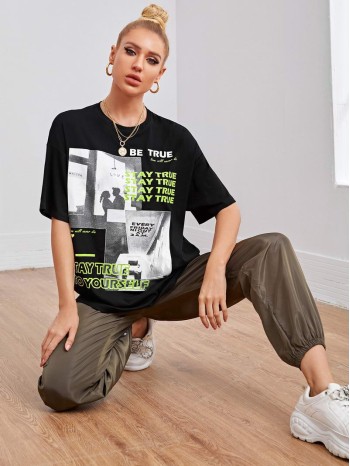 Drop Shoulder Letter & Figure Graphic Longline Tee