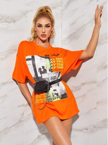 Slogan and Figure Graphic Longline Oversized Tee Without Bag