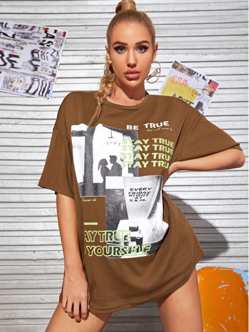 Slogan and Figure Graphic Longline Oversized Tee Without Bag