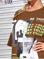 Slogan and Figure Graphic Longline Oversized Tee Without Bag